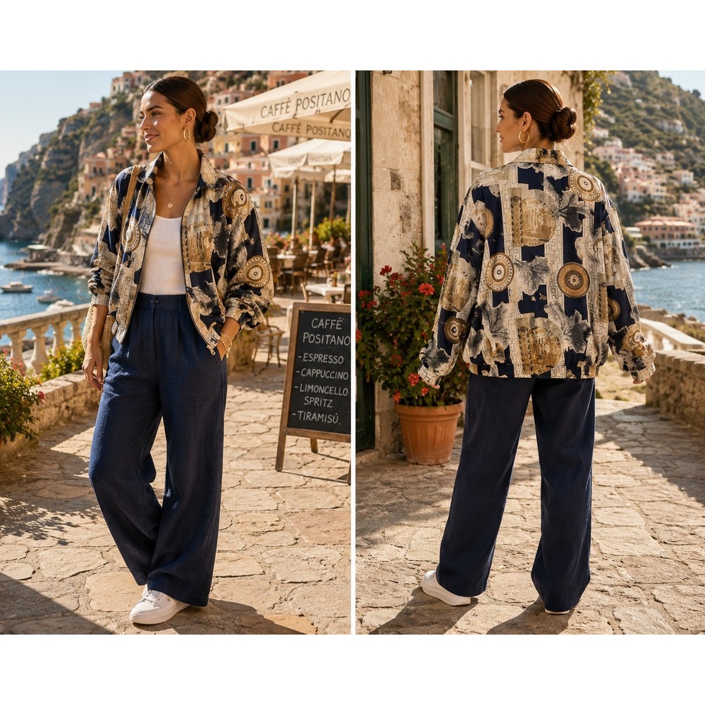 Vintage Fu Da Intl 100% Silk Mediterranean Novelty Print Navy Bomber Jacket XL